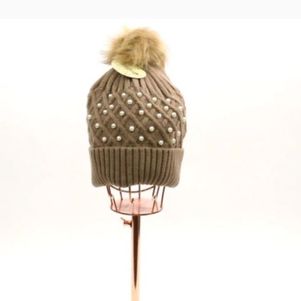 TAN HEAVY KNITTED KNIT CABLE POM POM BEANIE WINTER CAP FASHION WITH PEARLS